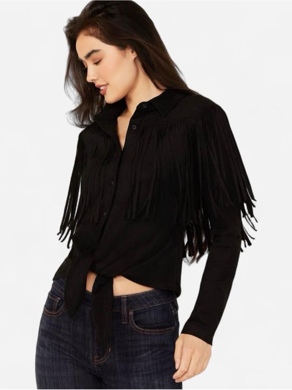 IDYLLWIND FATE FAUX SUEDE FRINGE LONG SLEEVE BUTTON-DOWN TIE-FRONT SHIRT XS
